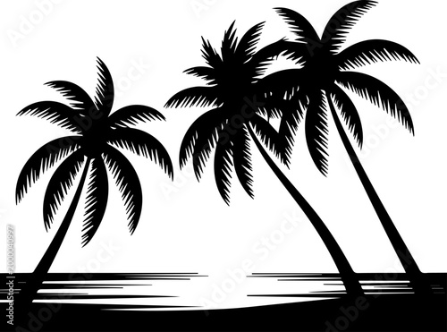 Black and White Tropical Palm Tree Silhouettes on Beach Vector Illustration