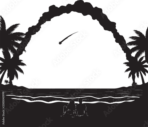 Comet or meteor passing over tropical island in silhouette, Generative Ai