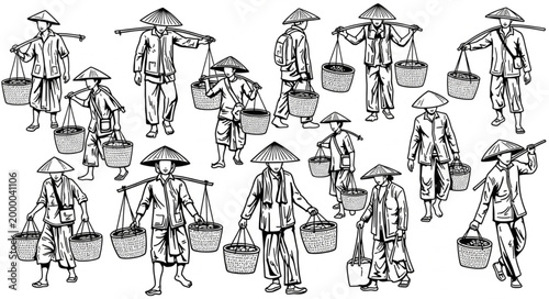 Group of Asian Farmers Carrying Baskets on Shoulders.