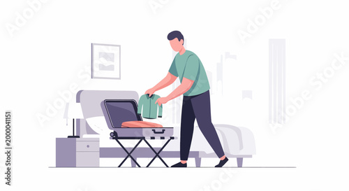 Man packing suitcase for travel vacation preparation.