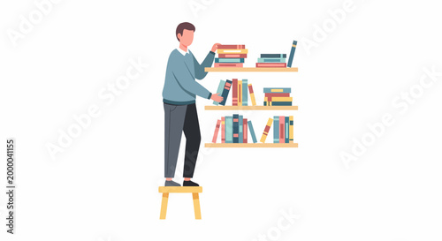 Man Organizing Bookshelf Knowledge Learning Education.