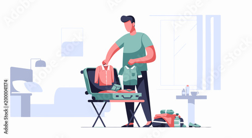 Man Packing Suitcase for Vacation Trip.