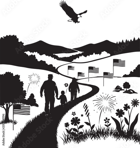 Patriotic family stroll with eagle silhouette in mountainous landscape, Generative Ai