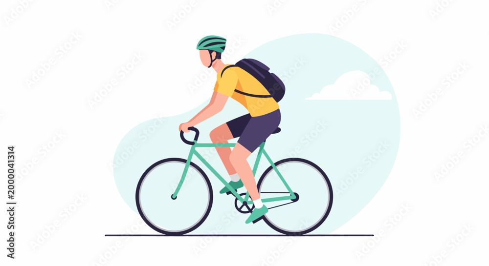 Fototapeta premium Man Riding Bicycle Wearing Helmet and Backpack.