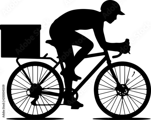 Black Silhouette of a Bicycle Courier Delivering Packages with a Cargo Box on a Bike Rack