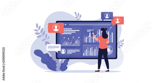 Professional woman analyzes complex financial data charts and user profiles displayed on a large interactive screen.