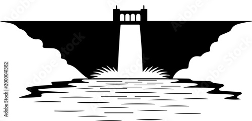 Hydroelectric Dam Silhouette Vector Illustration with Water Spillway and River