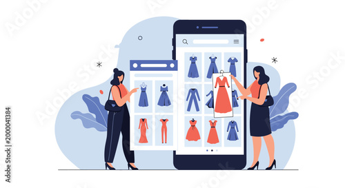 Stylish women browse and select fashionable dresses using a large smartphone interface for an online shopping experience.