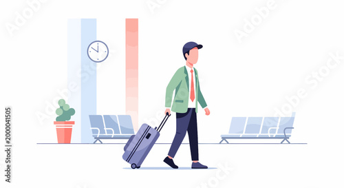 Man walking with luggage at airport terminal.