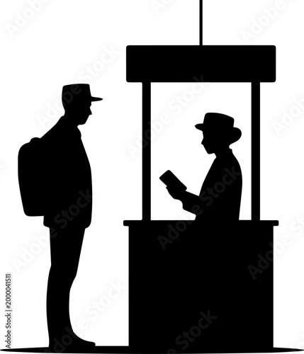 Black silhouette of a traveler with a backpack at a service booth or passport control desk vector illustration