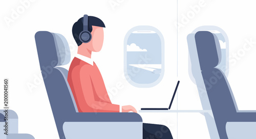 Man wearing headphones using laptop on airplane seat near window.