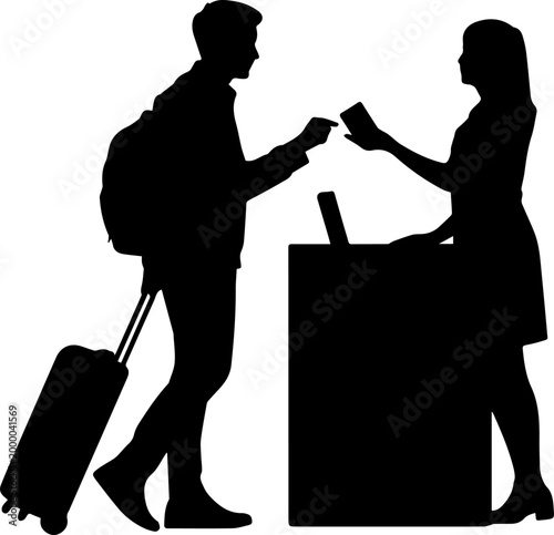 Silhouette of a male traveler with suitcase at a check-in counter with a receptionist
