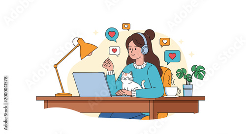 Happy young woman works on her laptop at home with her white cat while receiving many likes and hearts on social media.