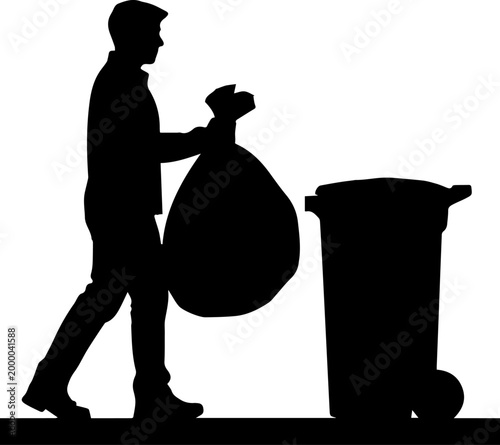Black Silhouette of a Man Carrying a Large Trash Bag Towards a Garbage Can or Wheelie Bin Vector Illustration
