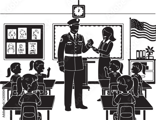 Police officer visiting a classroom with teacher and students silhouette, Generative Ai