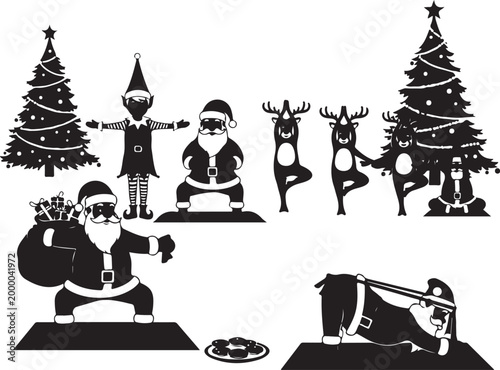 Christmas silhouette of people doing yoga and exercising outdoors, Generative Ai