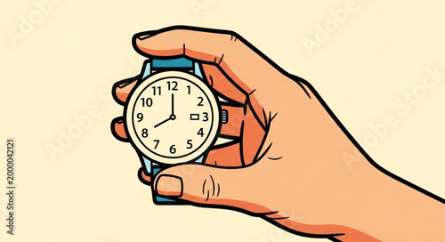 Hand holding a classic analog wristwatch showing the time.