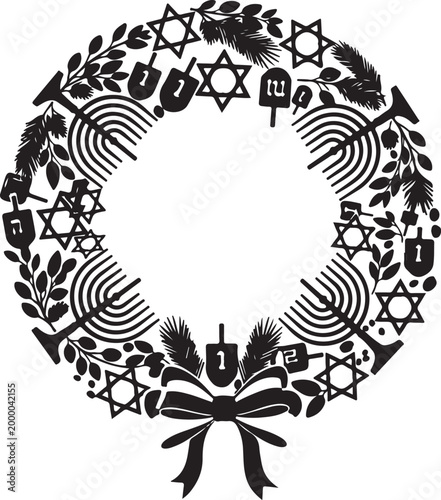 Hanukkah wreath silhouette with star of david and menorah symbols, Generative Ai
