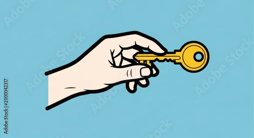Hand holding a golden key against a blue background.