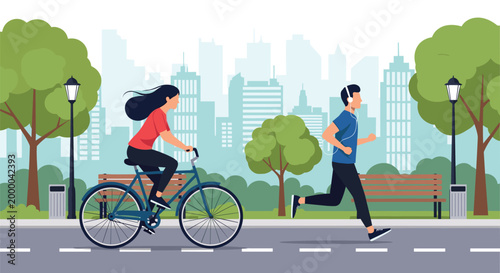 Active people enjoy outdoor exercise as a young woman rides her bicycle and a man jogs through a green urban city park.