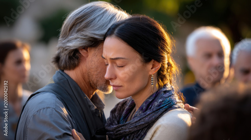 Emotional hug multicultural support grief comfort compassion empathy middle aged woman man outdoor people sorrow consoling relationship connection reunion farewell sadness caring sadness life