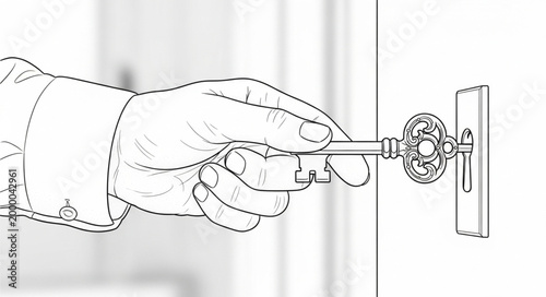 Hand holding antique key inserting into lock mechanism.
