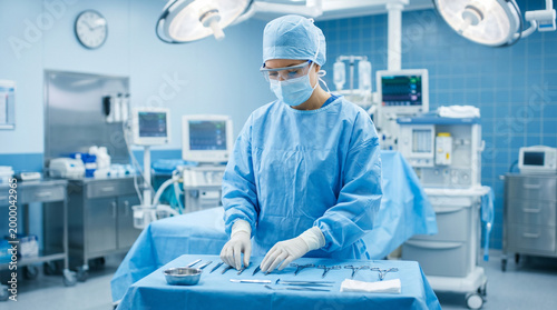 Surgeons preparing instruments on surgery table in sterile operating room  