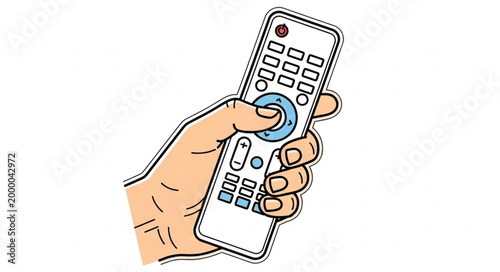 Hand holding a television remote control pressing a button.