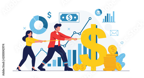 Motivated business team works together to pull a giant yellow dollar sign towards their financial goals and success.