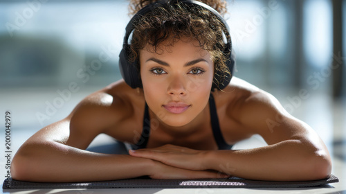 Fitness woman headphone workout yoga stretching gym sport training relaxation Confident fitness woman with headphone resting yoga mat during workout bright gym interior, calm expression