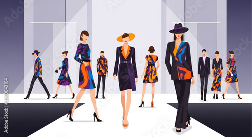 Fashion show models walking on runway wearing designer clothes and hats.