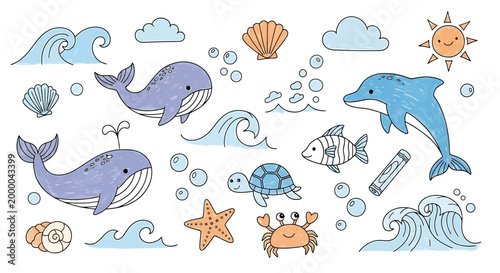 Hand-drawn crayon cute vector illustration of sea creatures swimming in ocean waves with sun and clouds