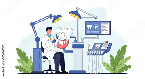 Skilled dentist performs a thorough dental examination on a large model of teeth using specialized medical tools.
