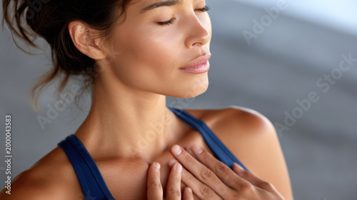 Woman meditation breathing mindfulness peace calm relaxation yoga serenity self care wellness tranquil woman practices breathing meditation with hand chest outdoors, soft natural light calm face