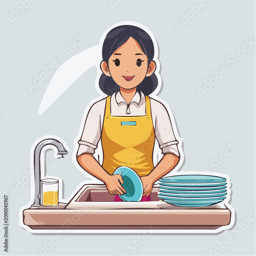 Woman Washing Dishes in Kitchen Sink