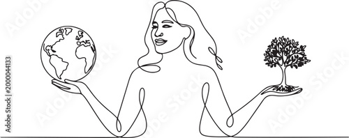 Continuous single line sketch drawing of happy woman holding earth globe and plant tree save world environment. one line art icon drawing vector