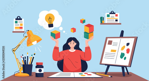 Creative artist or designer working at a desk with various tools imagining colorful blocks and a glowing lightbulb for project inspiration ideas.