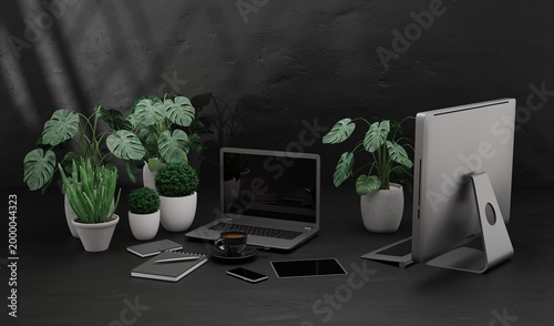Modern Workspace with Laptop, Desktop, and Green Plants on Dark Minimalist Background