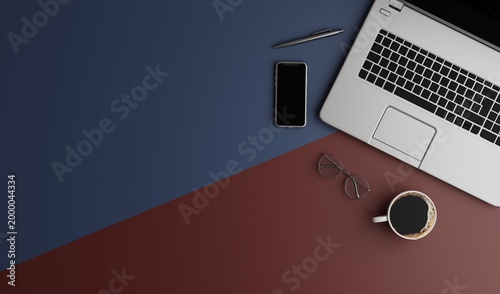 Modern Workspace with Laptop, Smartphone, Glasses, and Coffee on Stylish Two-Tone Desk