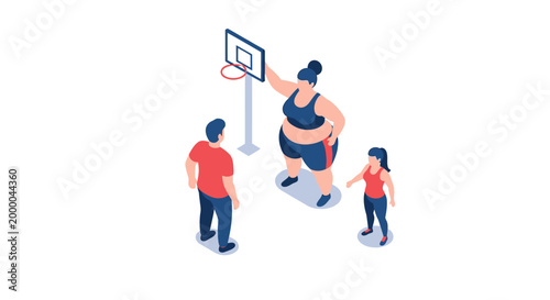 Isometric illustration of a woman playing basketball with two people.
