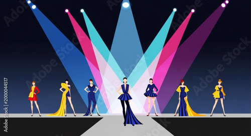 Fashion Show Runway Models Displaying Designer Outfits Under Stage Lights.