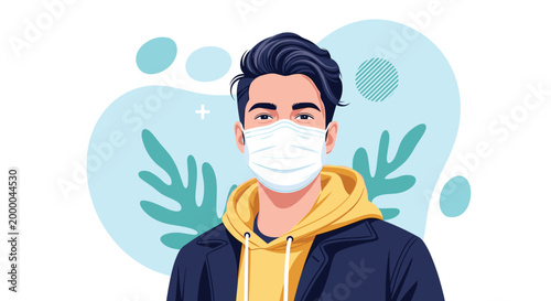 Portrait of a young man wearing a protective medical face mask to represent health awareness and personal safety during a global health crisis.