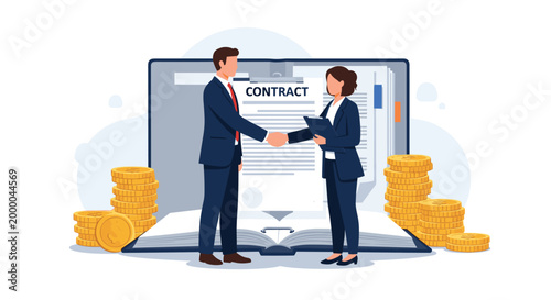 Business partners shaking hands over a signed contract in front of a giant open folder and stacks of gold coins for corporate success goals.