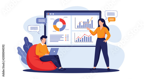 Data analyst explaining complex charts and graphs on a large screen to a colleague working on a laptop in a modern collaborative office space.