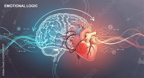 Human Brain and Heart Connected by Abstract Lines and Waves.