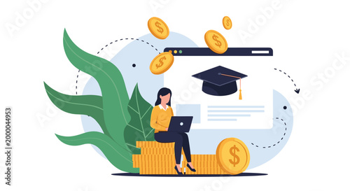 Woman using a laptop while sitting on stacks of gold coins near an educational website to symbolize student loans and academic financial planning.