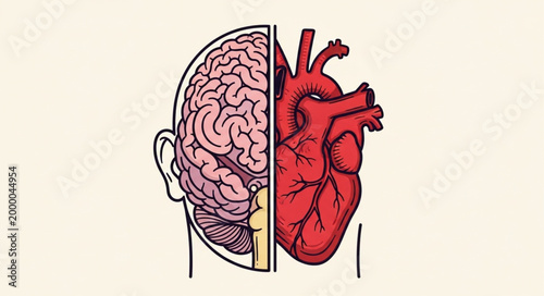 Human Brain and Heart Divided Illustration.