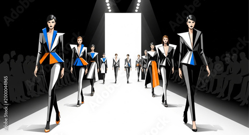Fashion show runway models walking in designer outfits.