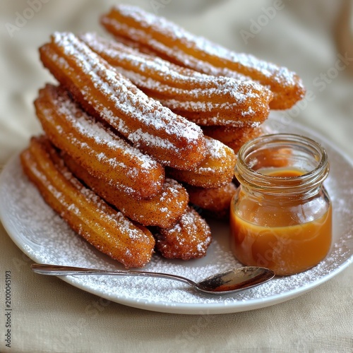 Premium cinnamon churros with powdered sugar dusting and caramel dipping sauce served on white ceramic plate at upscale Mexican restaurant