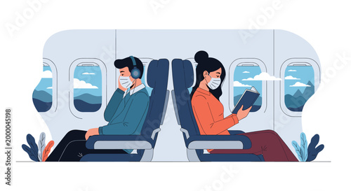 Passengers wearing face masks while sitting on an airplane with one reading a book and another listening to music during their commercial flight.